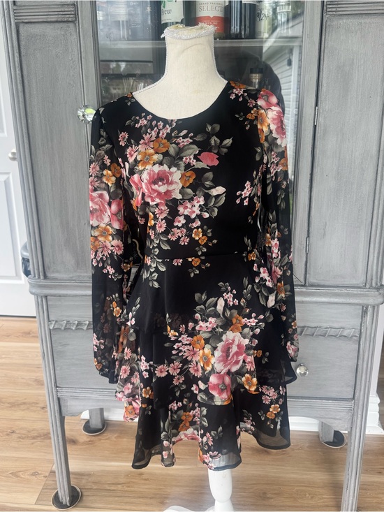 Trixxi Dresses & Skirts - Trixxi Black Floral Long-Sleeve Fit & Flare Dress with Pink and Orange Blooms